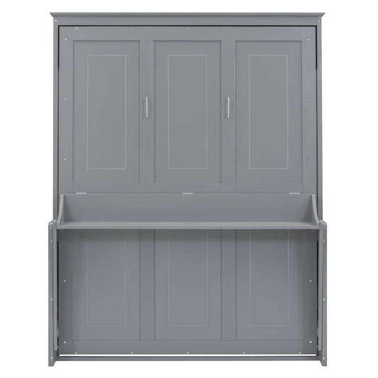 Gray Queen Size Murphy Bed with Shelf - Space Saving Pine Wood & MDF