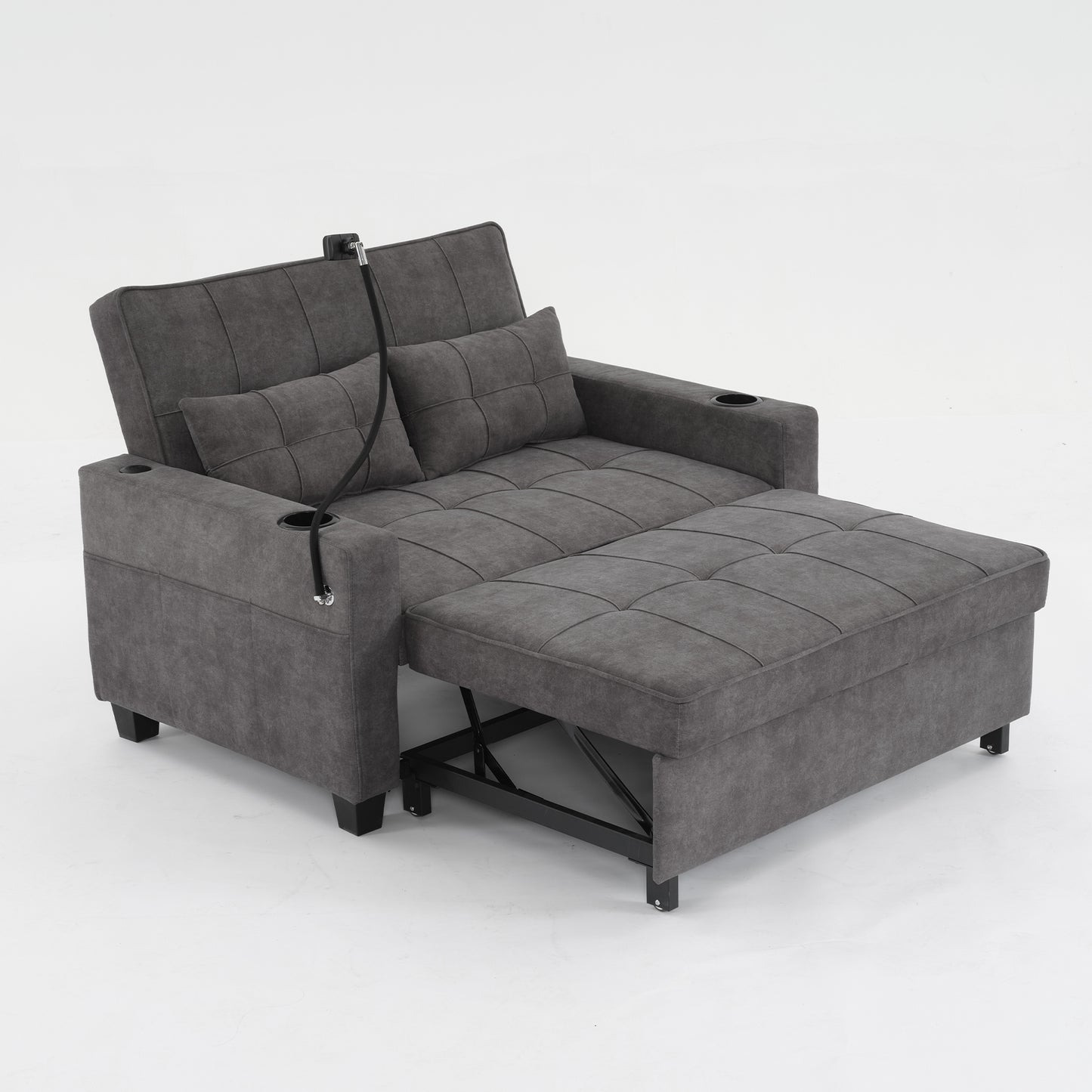 3-in-1 Convertible Futon Chair Bed with USB Ports - Dark Grey Tech Cloth