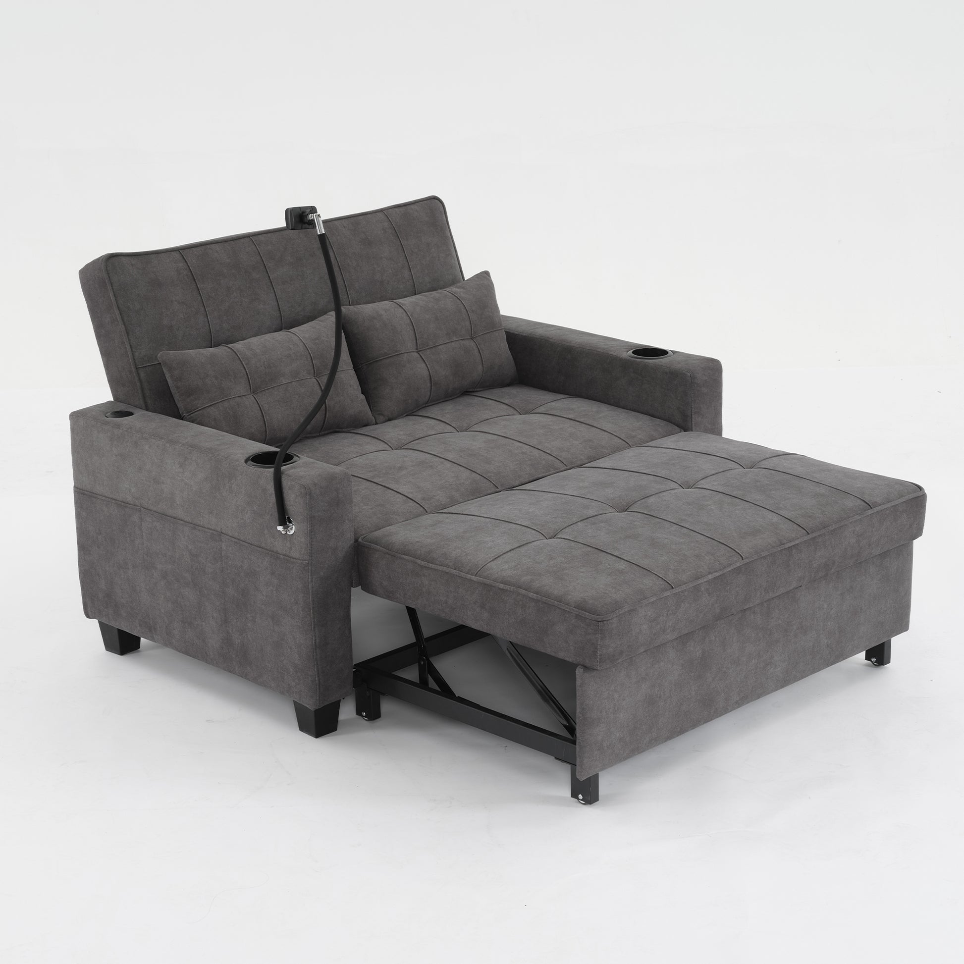 3-in-1 Convertible Futon Chair Bed with USB Ports - Dark Grey Tech Cloth
