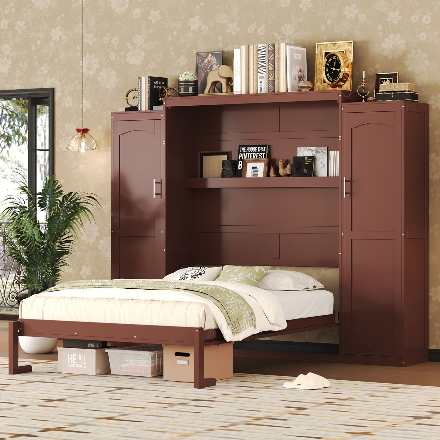 Full Size Murphy Bed with Wardrobe and Storage Shelf - Walnut