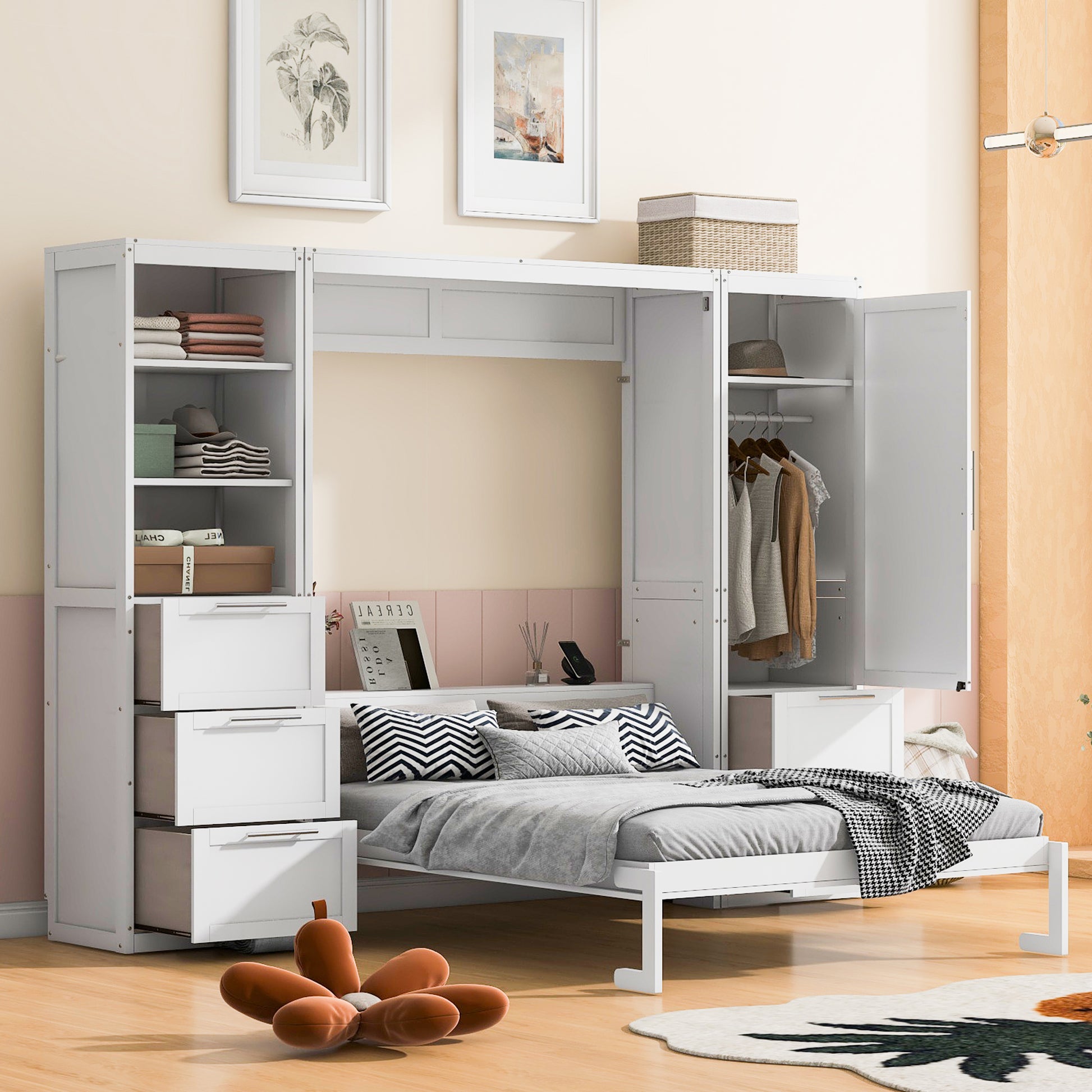 Queen Size Murphy Bed Wall Bed with Closet, Drawers and Shelves - White