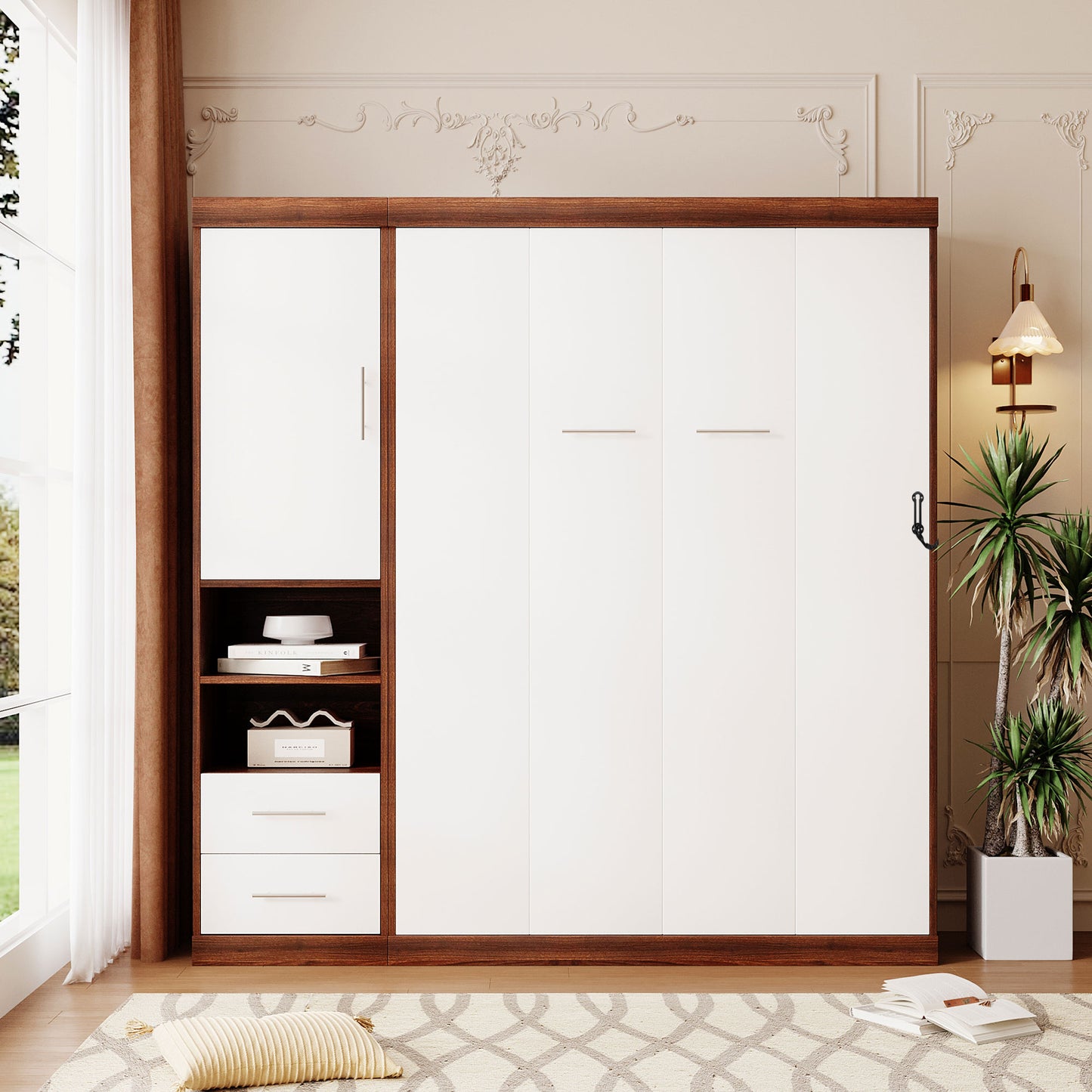 Full Size Murphy Bed Wall Bed with Cabinet - White