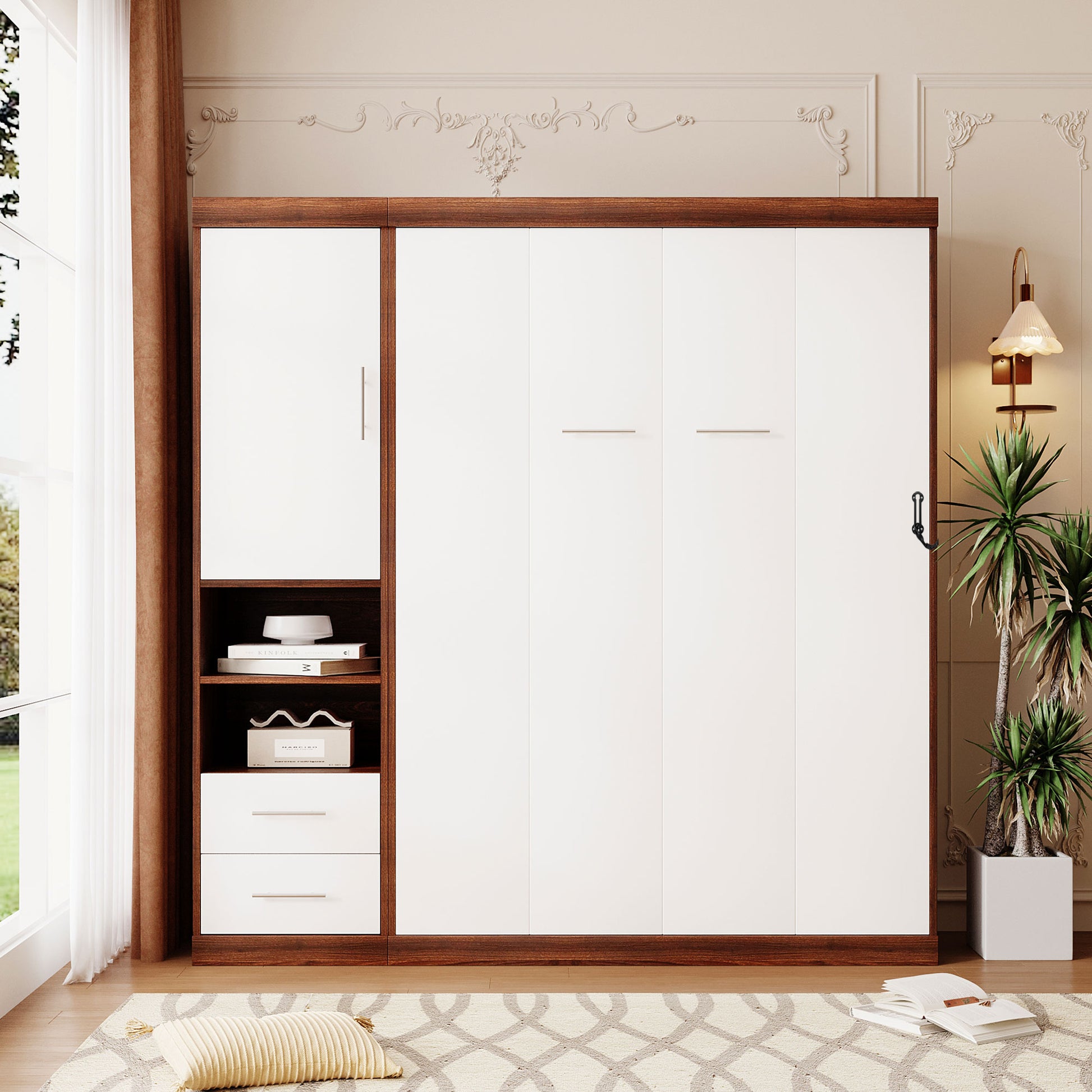 Full Size Murphy Bed Wall Bed with Cabinet - White