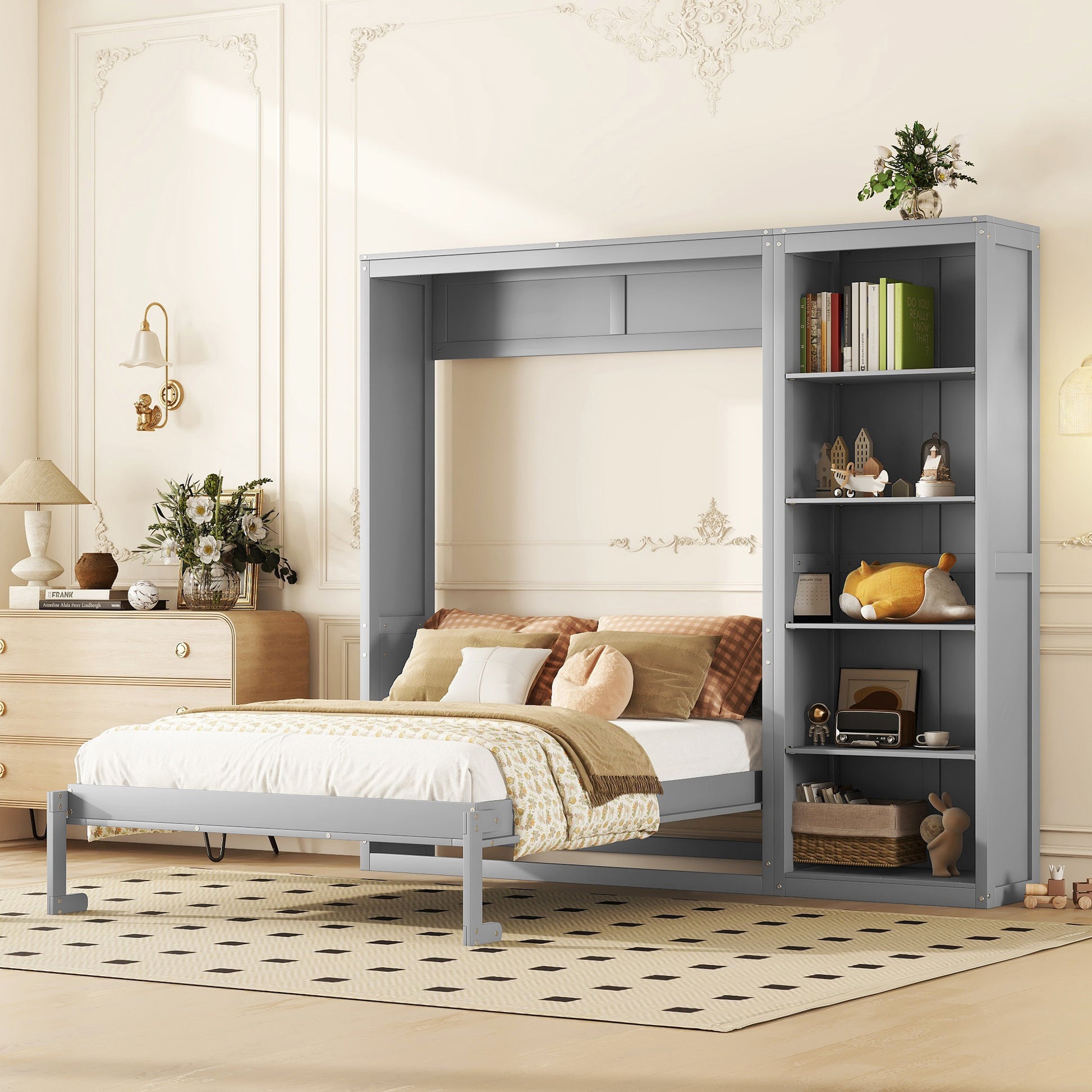 Queen Size Murphy Bed Wall Bed with Shelves - Gray