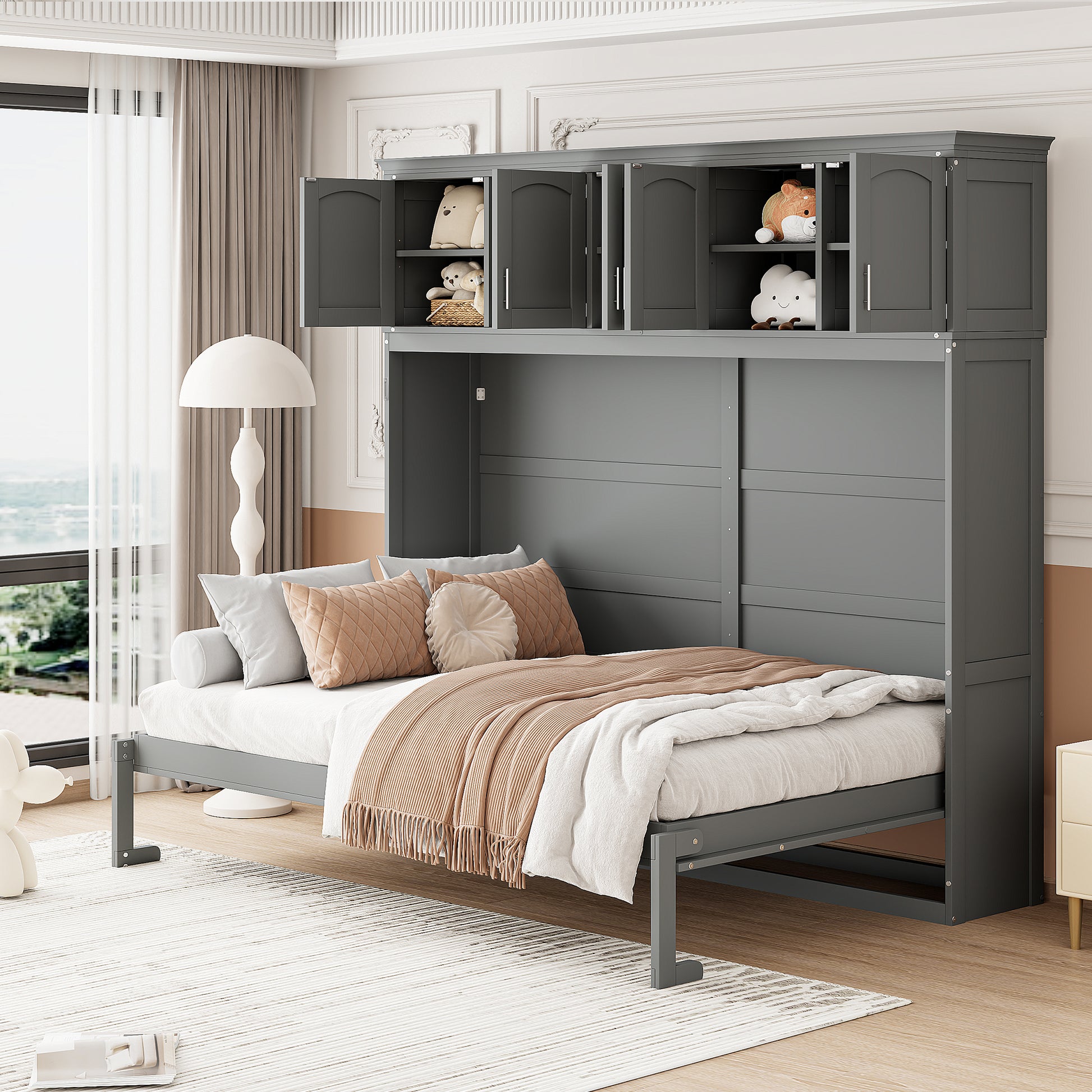 Queen Size Murphy Bed Wall Bed with Top Cabinets in Gray
