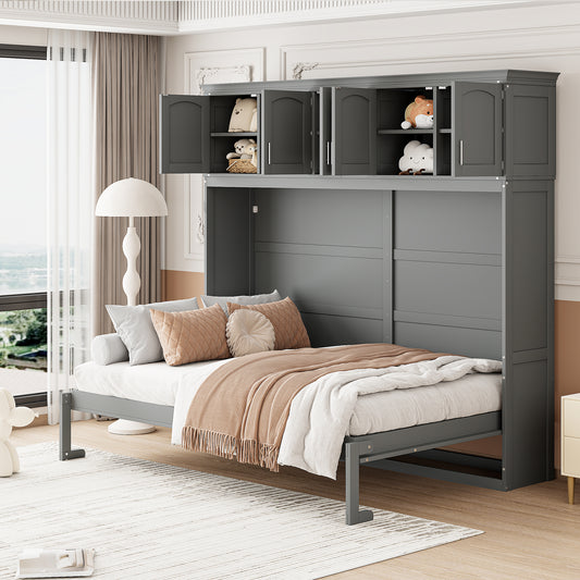 Queen Size Murphy Bed Wall Bed with Top Cabinets in Gray