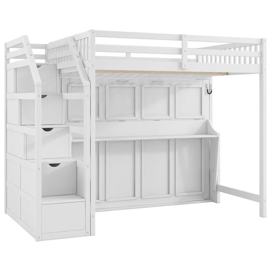 White Full XL Loft Bed with Storage Staircase and Murphy Bed Design