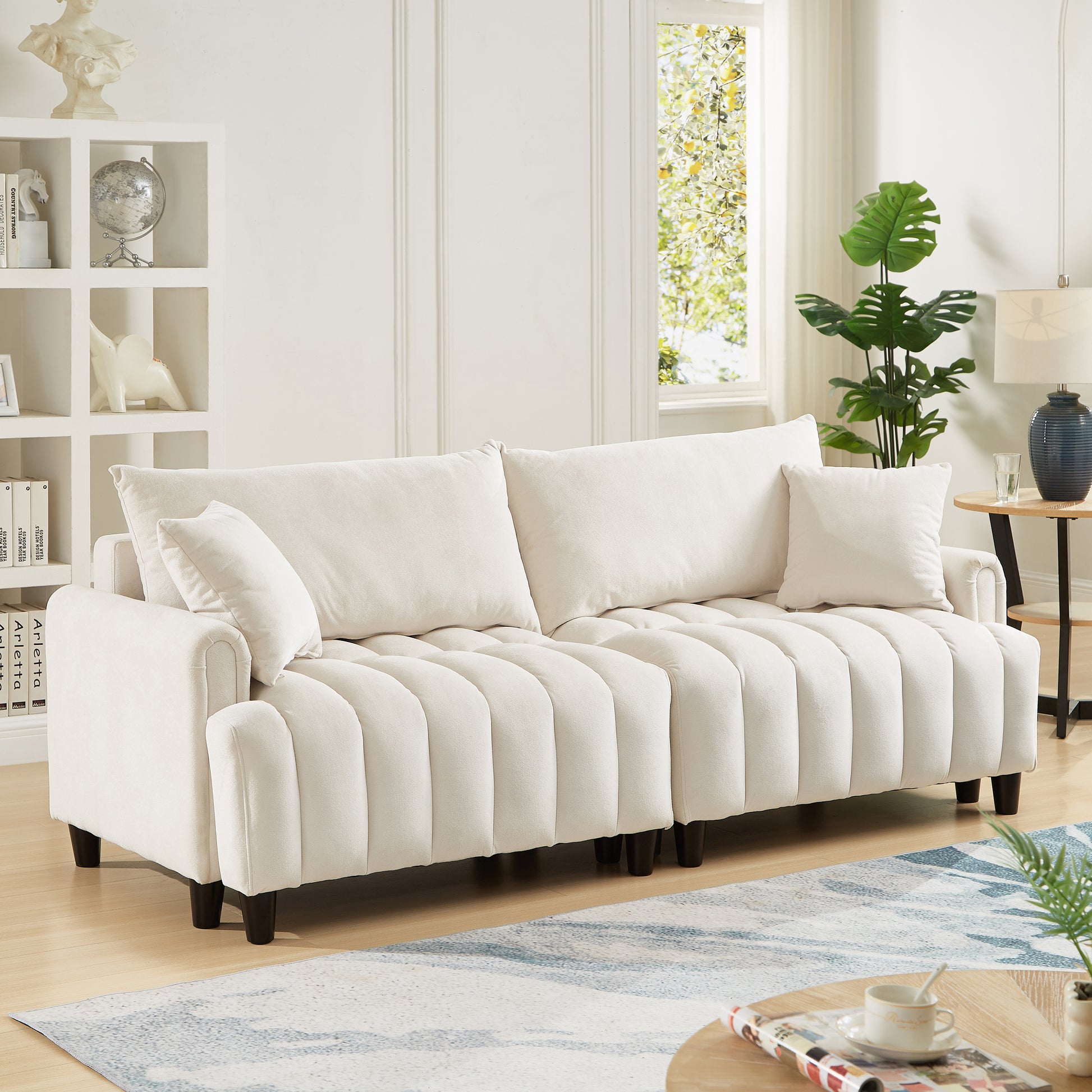 83'' Beige Futon Sofa Bed – Comfy Convertible Sleeper with 2 Pillows