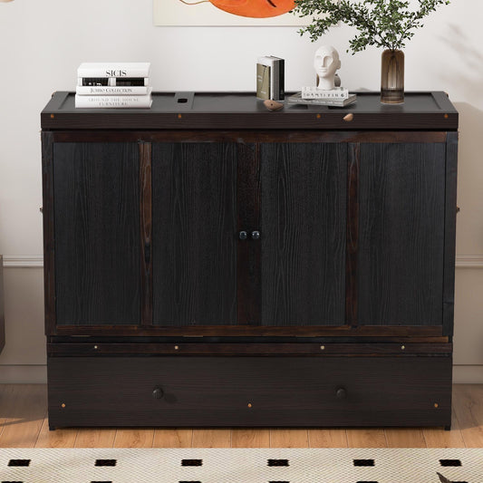 Queen Size Murphy Bed with USB Port and Large Drawer in Espresso