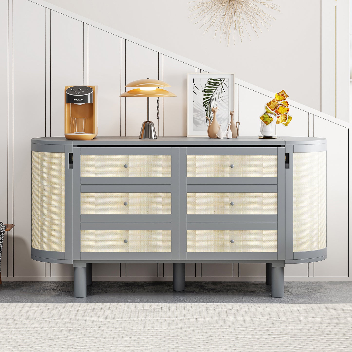 Full Murphy Bed with Hidden Storage & Modern Woven Design in Gray