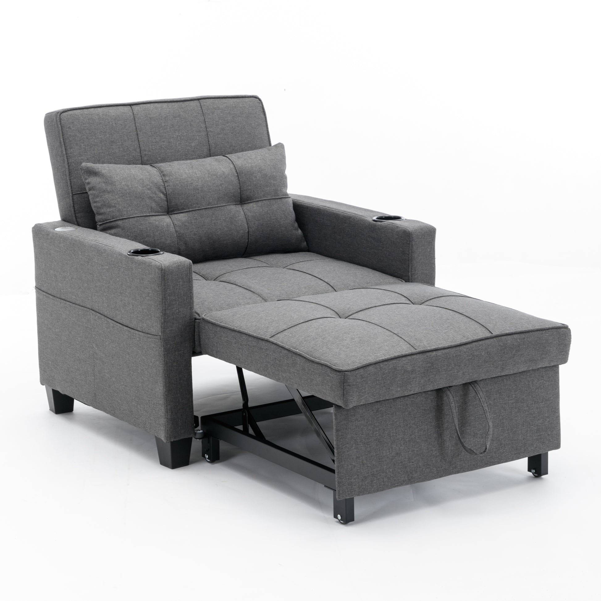 Futon Chair Bed Convertible Chair 3-in-1 with USB Ports - Dark Grey Linen