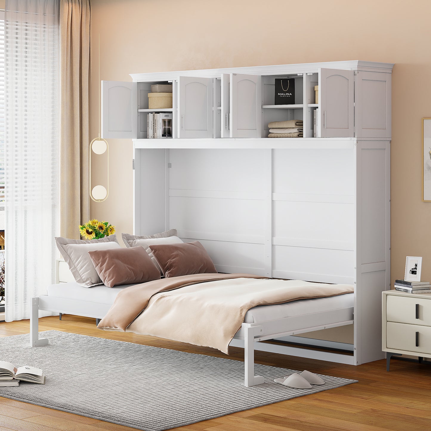 Queen Size Murphy Bed Wall Bed with Top Cabinets in White