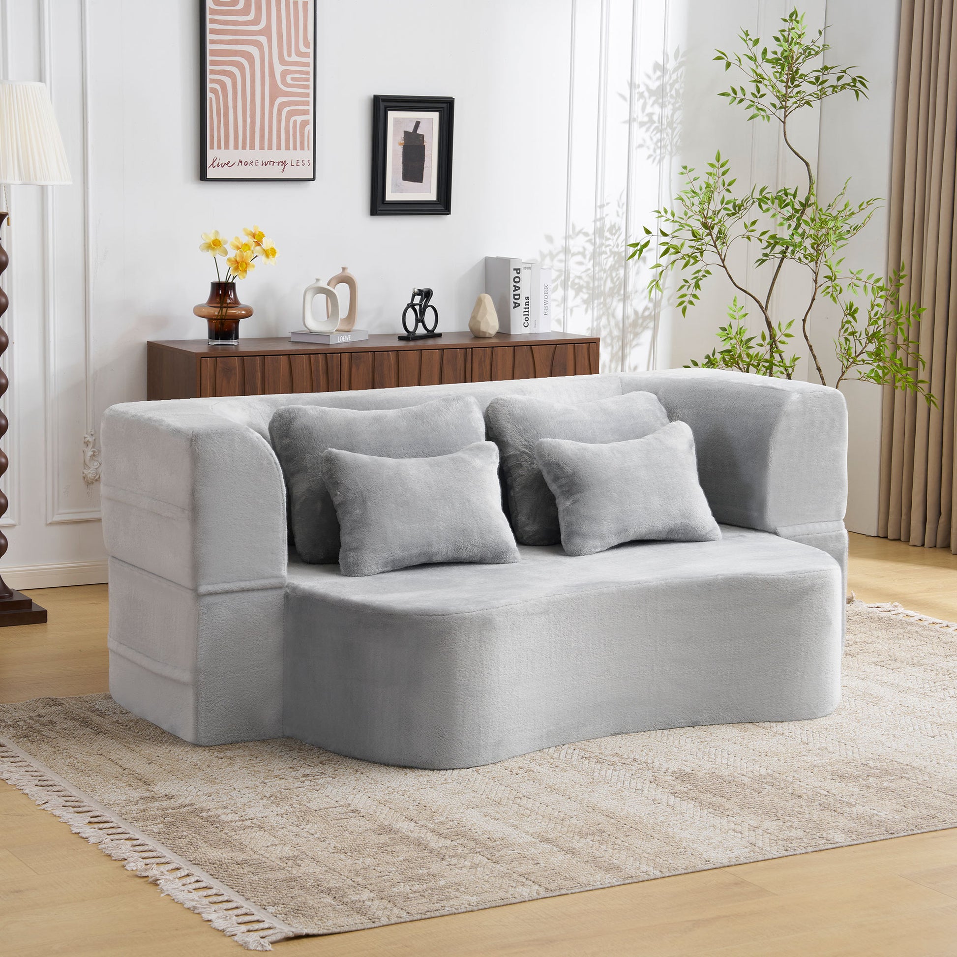 Queen Size Modern Light Grey Floor Sofa with 4 Pillows - Plush Fabric Futon Couch