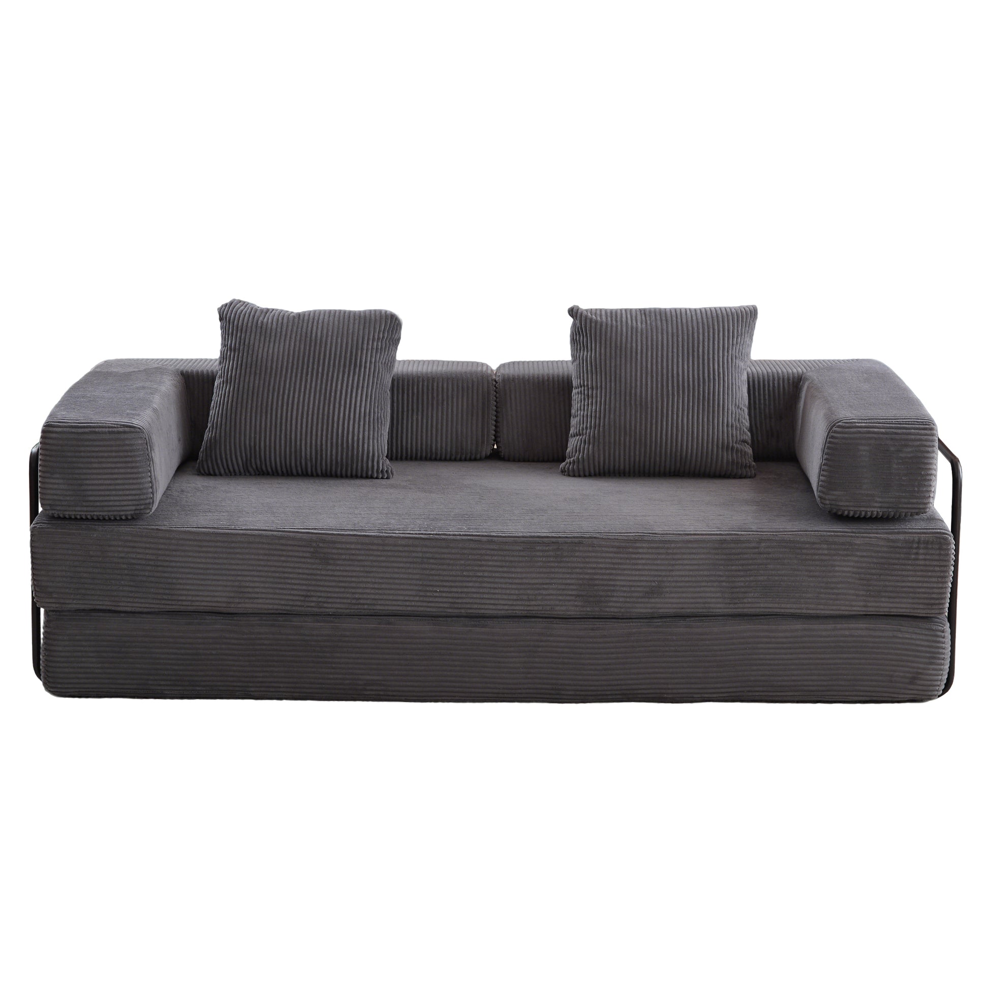 Convertible Floor Couch - Comfy Futon Sofa Bed with Back Support Armrest - Dark Grey Corduroy