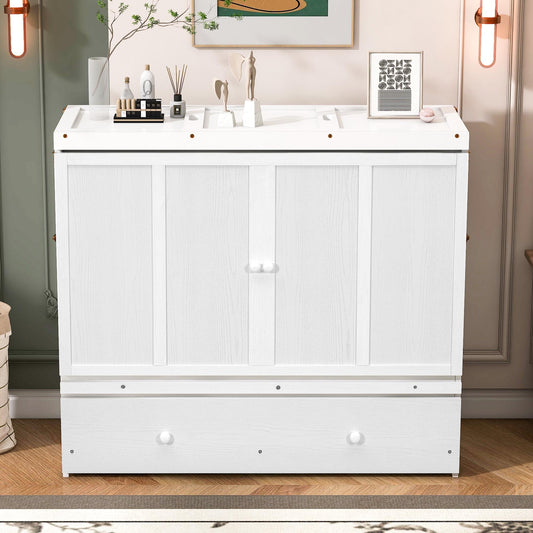 Full Size Murphy Bed with USB Port and Large Drawer - Space-Saving White Design