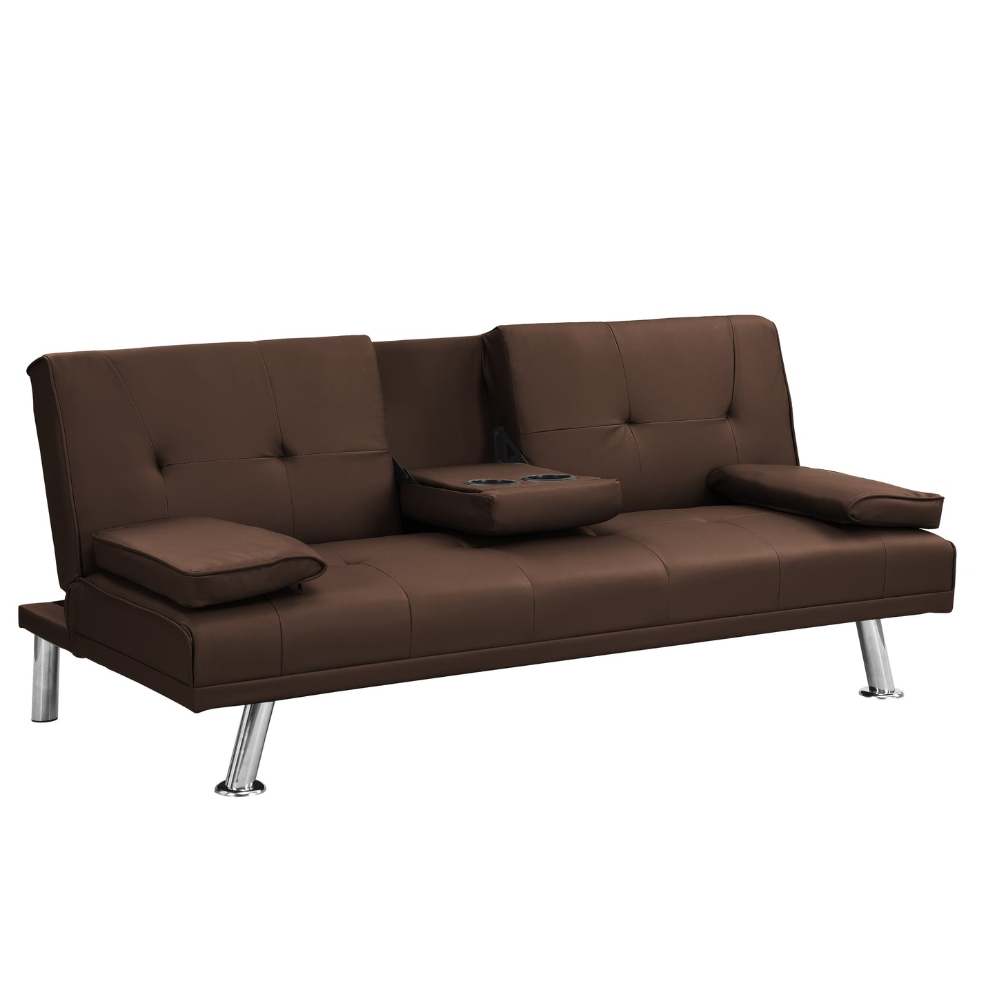 Modern Brown PVC Futon Sofa Bed with Armrest Holders
