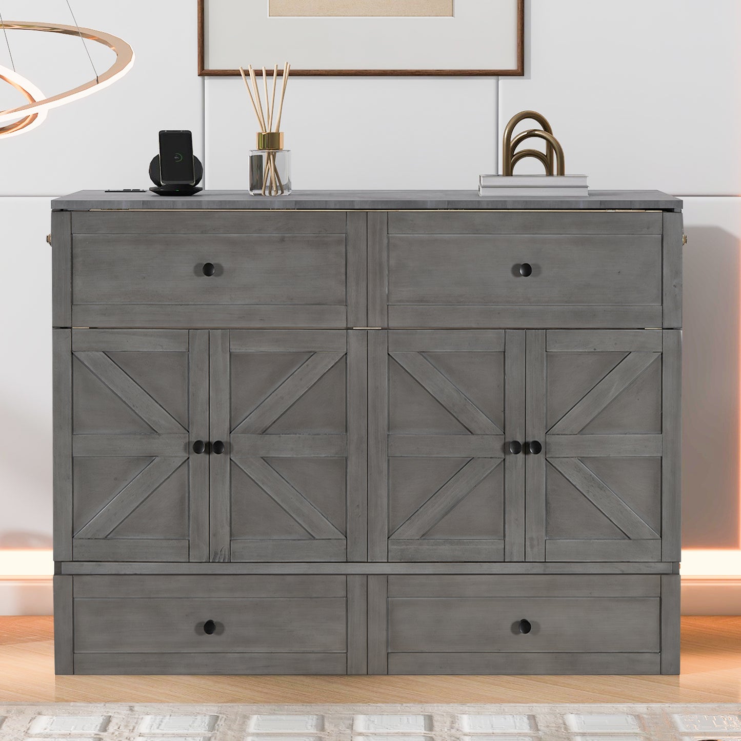 Full Size Murphy Bed with Large Drawers & USB Ports - Brushed Gray