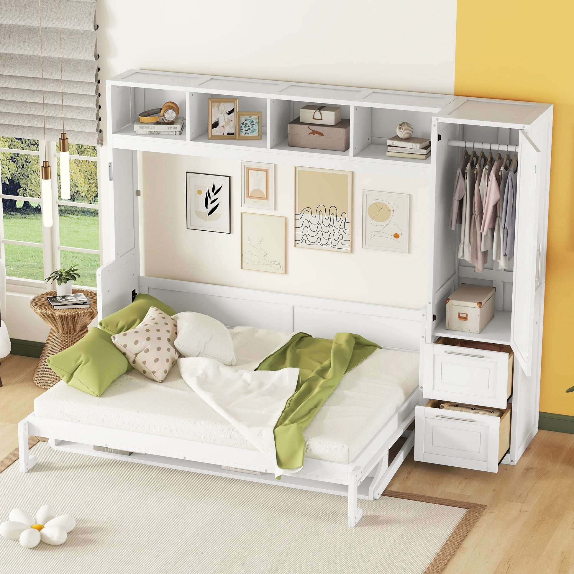 Queen Size Murphy Bed Wall Bed with Closet and Drawers - White