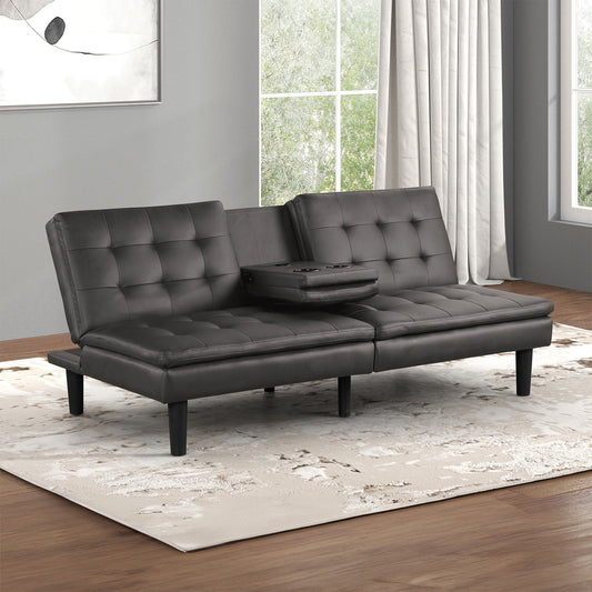 Contemporary Gray Futon Sofa Bed with USB Chargers and Drop-Down Table