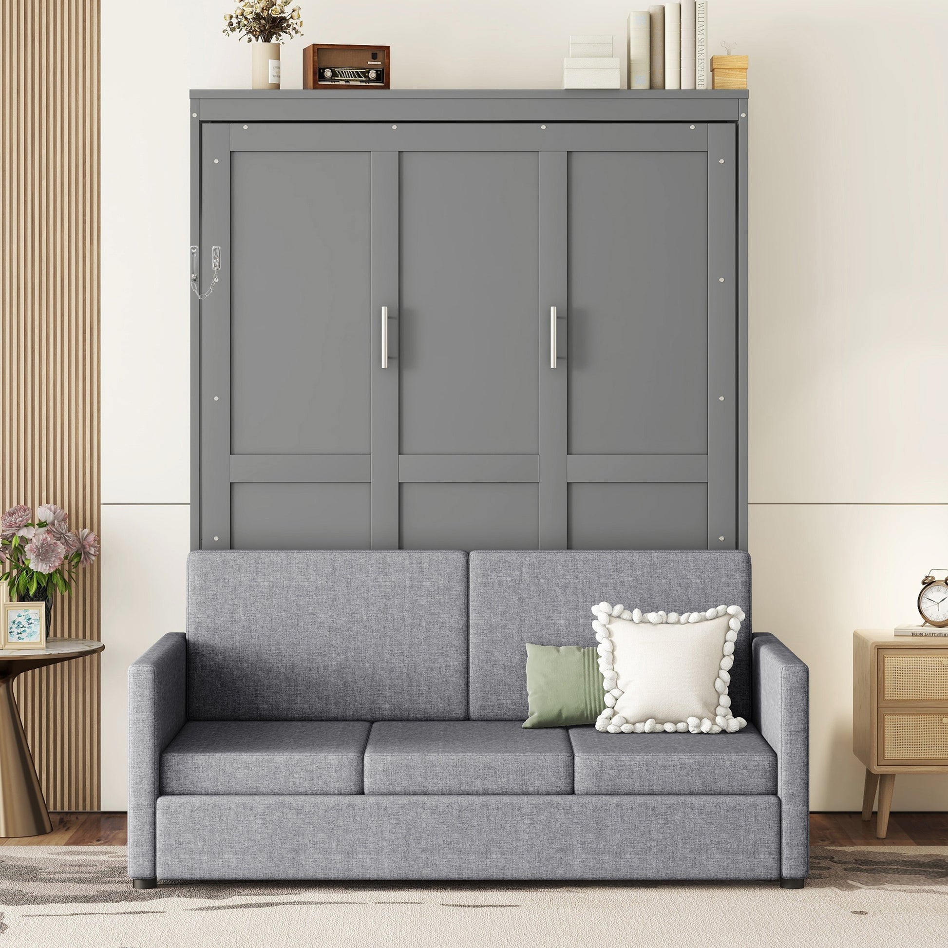 Queen Size Murphy Bed Wall Bed with Cushion in Gray - Space Saving Design