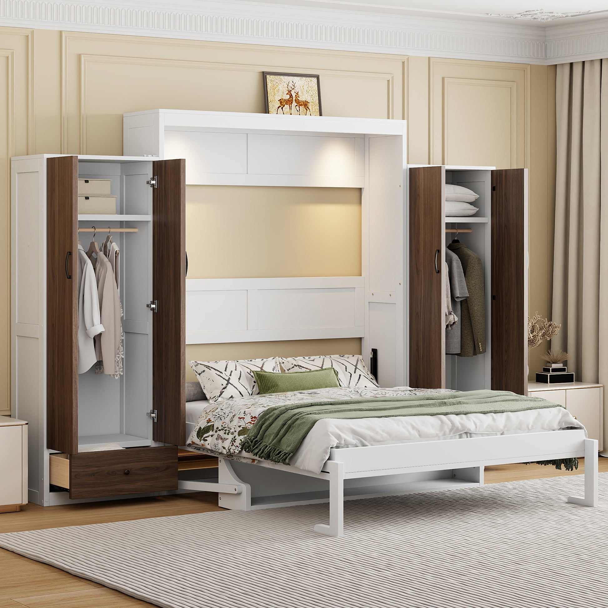 Full Size Murphy Bed Wall Bed with Closet, Drawers and Table in White