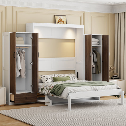 Full Size Murphy Bed Wall Bed with Closet, Drawers and Table in White