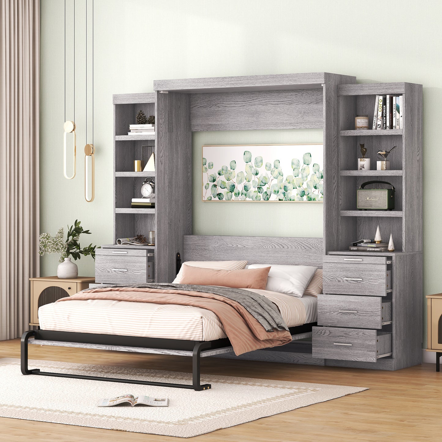 Full Size Murphy Bed with Storage Shelves and Drawers in Gray