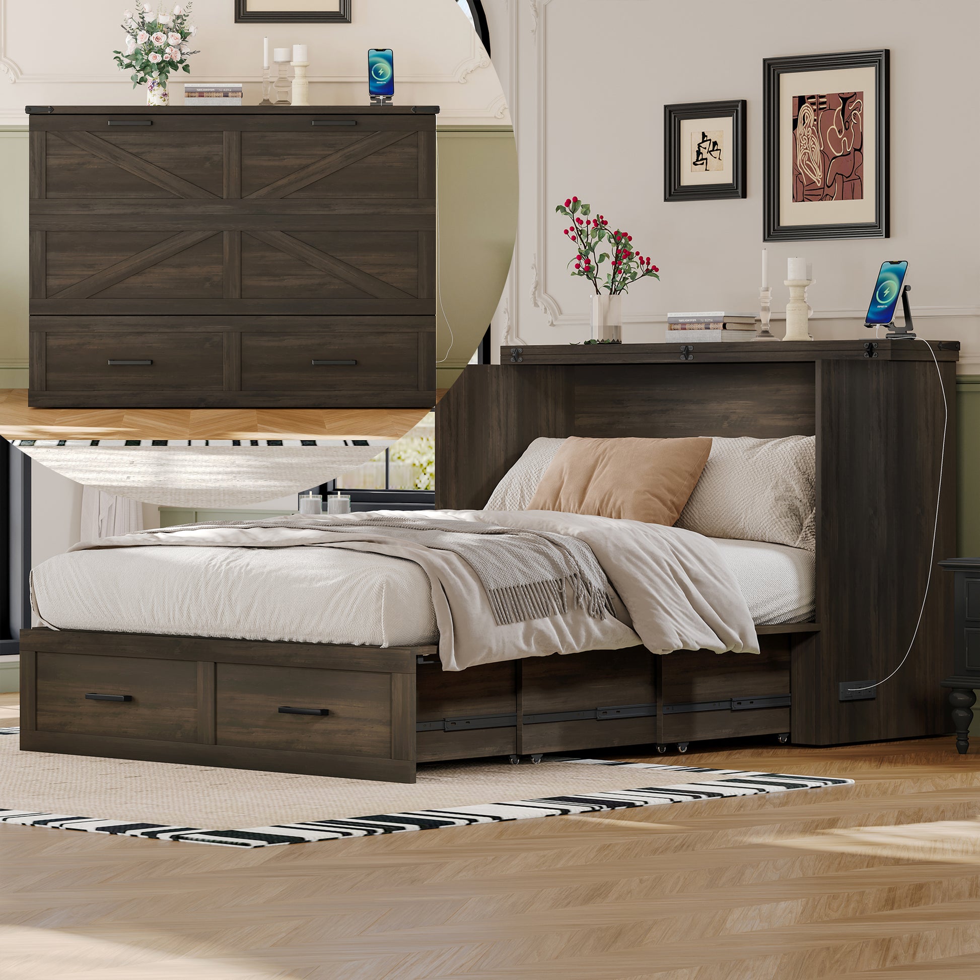 Full Size Farmhouse Murphy Cabinet Bed with Charging Station in Rustic Gray