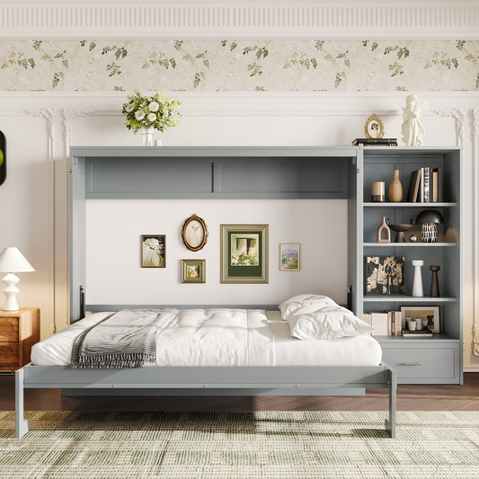 Queen Size Murphy Bed with Height Adjustable Storage Compartments and Shelf - Space Saving Wall Bed Frame in Gray