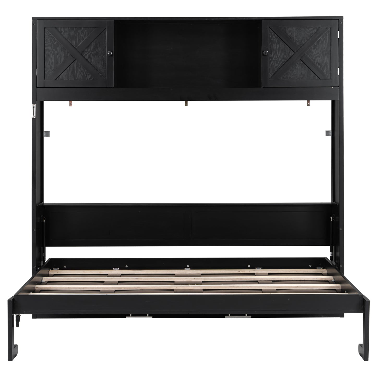 Black Full Size Murphy Bed with Storage Cabinets - Solid Pine Wood + MDF