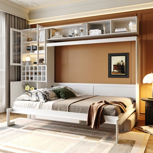Queen Size Murphy Bed Wall Bed with Sofa, Shelves, USB & Light - White