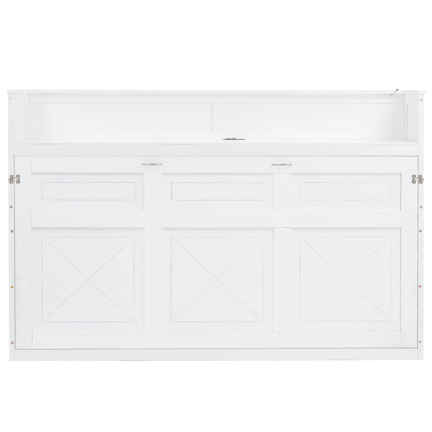 White Twin XL Murphy Bed with Desk, LED Light and USB Charging Station, Solid Pine Wood + MDF