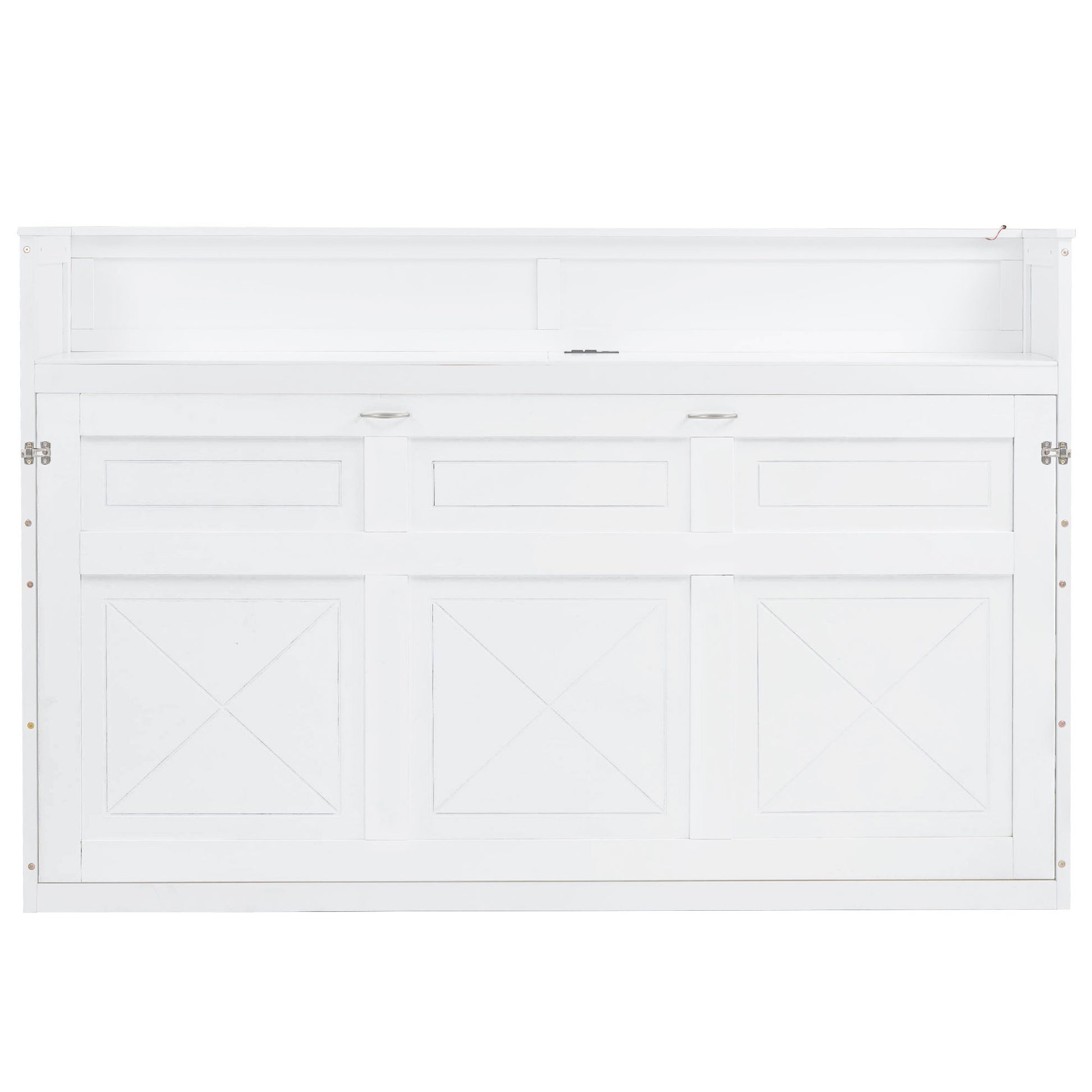 White Twin XL Murphy Bed with Desk, LED Light and USB Charging Station, Solid Pine Wood + MDF