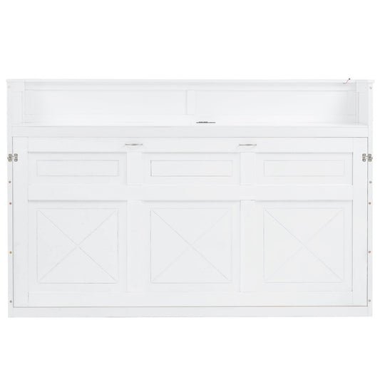 White Twin XL Murphy Bed with Desk, LED Light and USB Charging Station, Solid Pine Wood + MDF