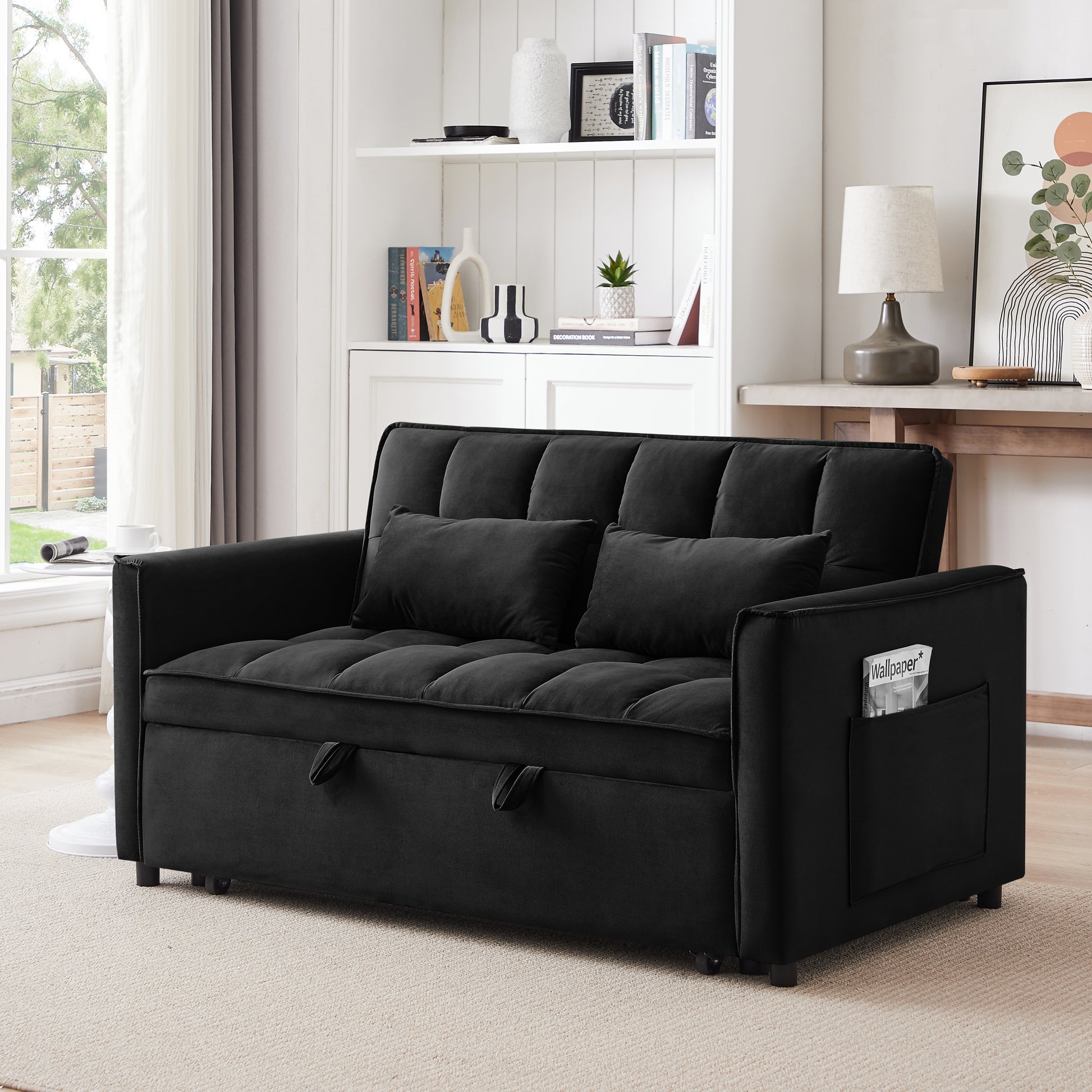 55.1-inch 3-in-1 Convertible Sofa Bed - Modern Velvet Futon with Adjustable Back, Storage Bag, and Pillow - Black
