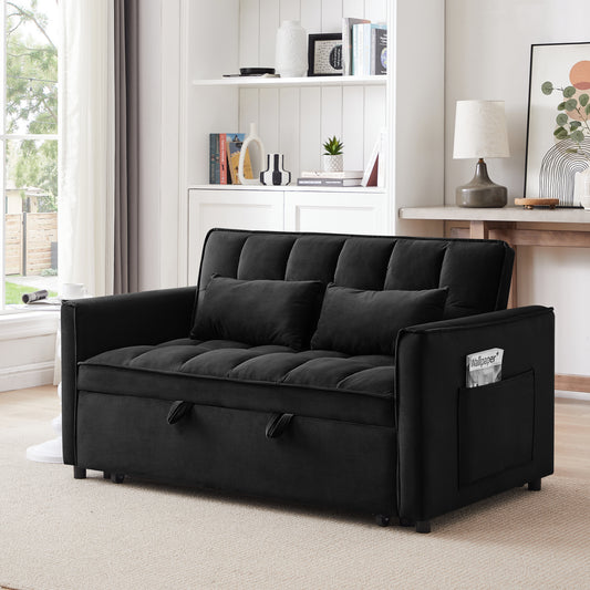 55.1-inch 3-in-1 Convertible Sofa Bed - Modern Velvet Futon with Adjustable Back, Storage Bag, and Pillow - Black