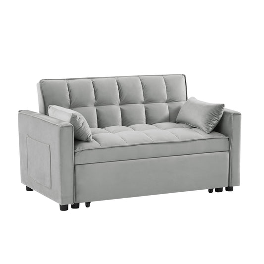 Modern Velvet Convertible Loveseat Futon Sofa with Pullout Bed, Reclining Backrest, Toss Pillows, and Pockets, Gray