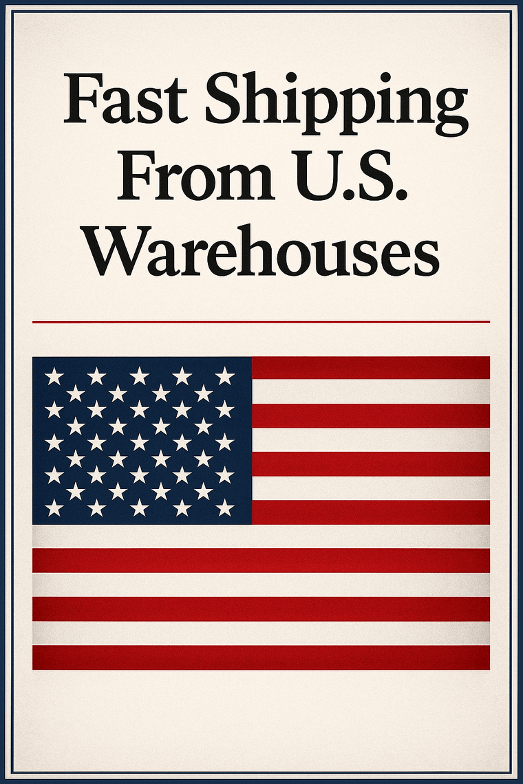 Professional advertisement featuring the message ‘Fast Shipping From U.S. Warehouses’ in bold black letters above a clean illustration of the American flag, separated by a thin red line on a cream background with a blue border.