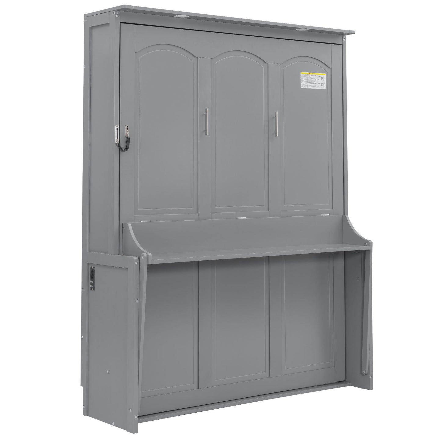 Modern Gray Queen Size Murphy Bed with Desk, LED Lights & USB Charging Station - Space-Saving Multi-Functional Furniture