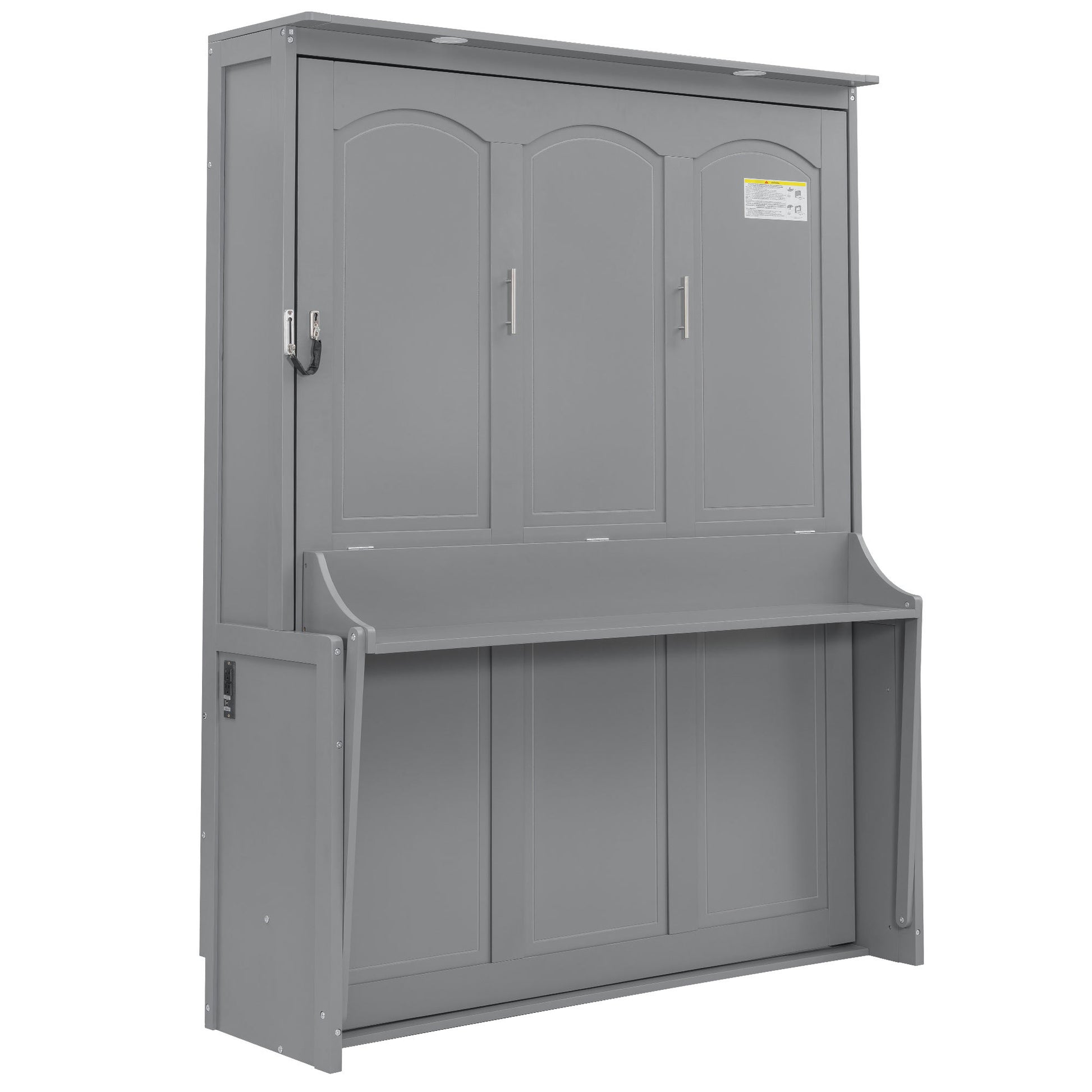 Modern Gray Queen Size Murphy Bed with Desk, LED Lights & USB Charging Station - Space-Saving Multi-Functional Furniture