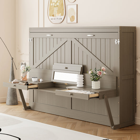 Queen Size Wall Murphy Bed with Storage and Vanity Desk - Distressed Gray