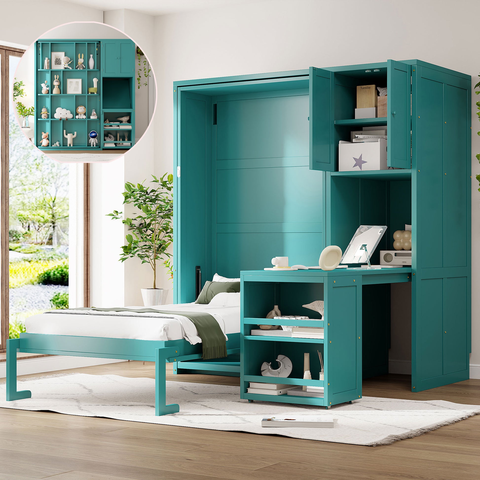 Teal Twin Size Rotating Wall Murphy Bed with Bookshelf, Desk & Side Storage