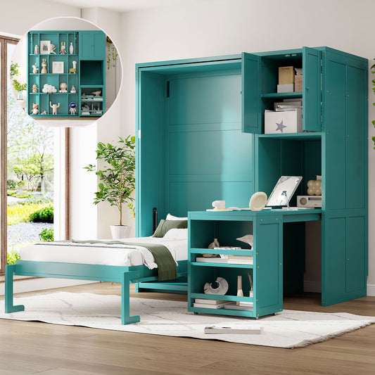 Teal Twin Size Rotating Wall Murphy Bed with Bookshelf, Desk & Side Storage