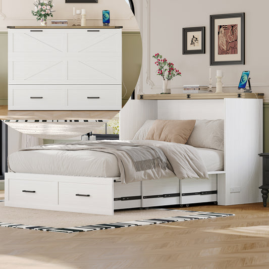 Full Size Farmhouse Murphy Cabinet Bed with Charging Station and Storage - White