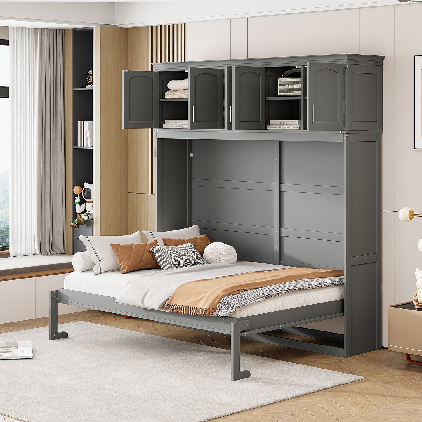 Full Size Murphy Bed Wall Bed with Top Cabinets in Gray