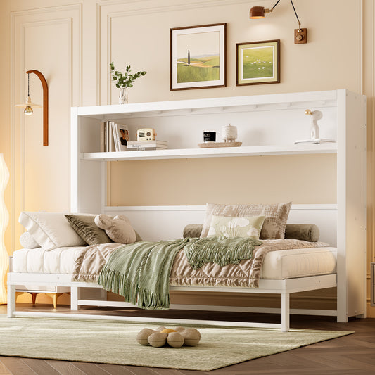 Compact Twin Size Murphy Bed with Shelves - Space-Saving Metal Wall Bed in White
