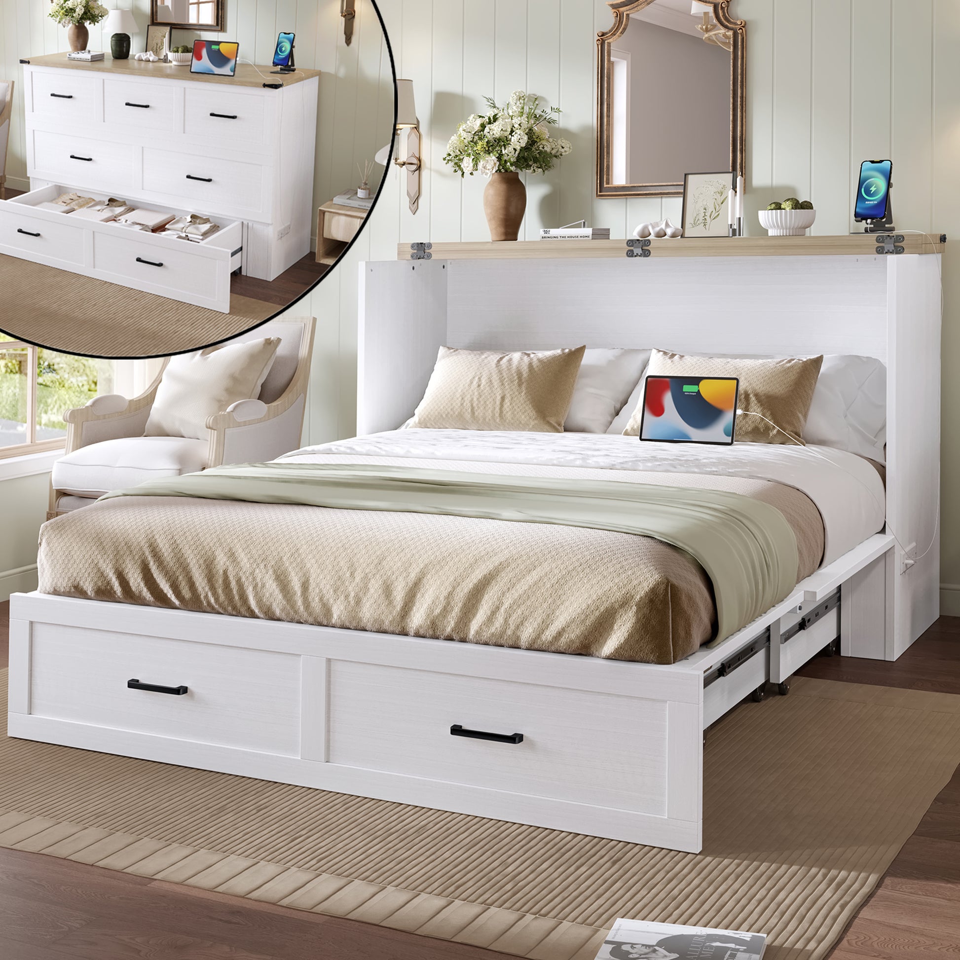 Murphy Bed Cabinet Queen Size with Charging Station - Space Saving Multi-Functional Foldable Bed with Storage Drawer