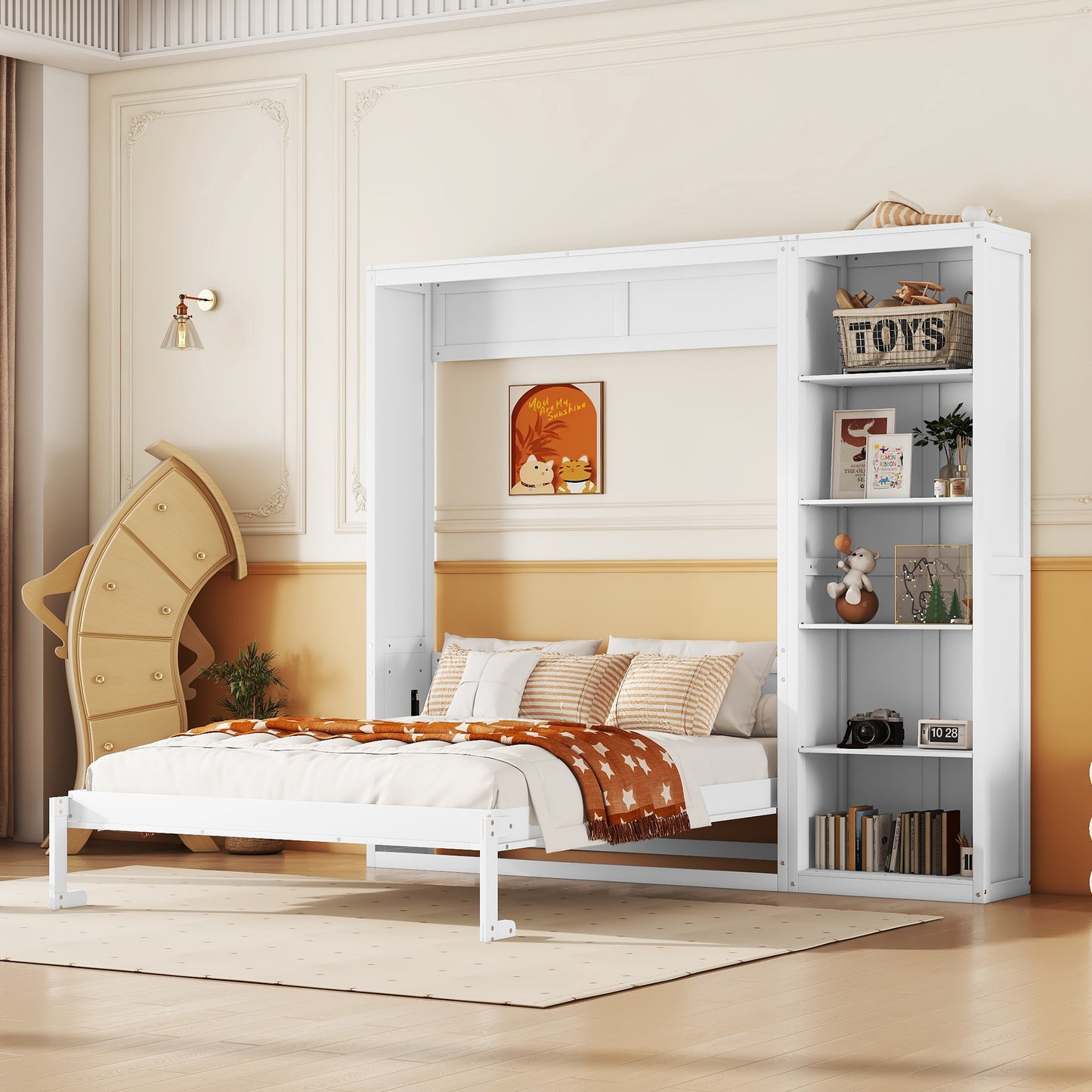 Full Size Murphy Bed Wall Bed with Shelves in White - Space Saving Comfort