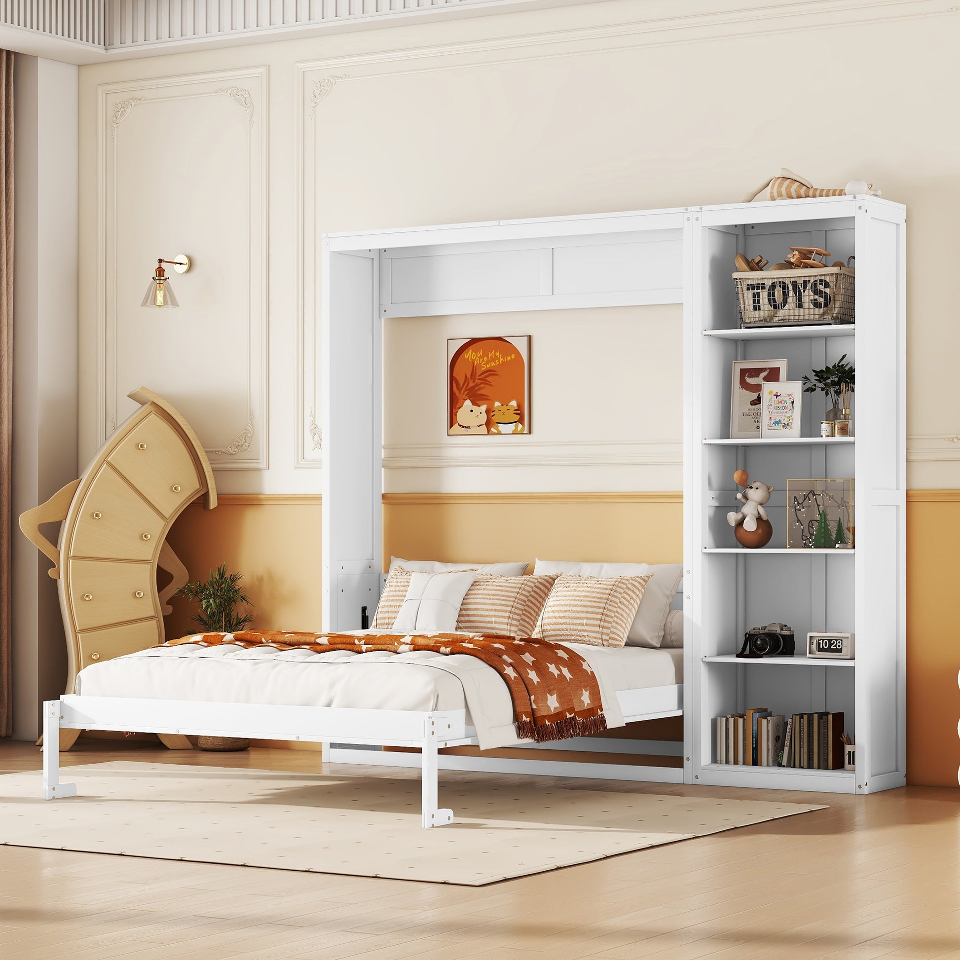 Full Size Murphy Bed Wall Bed with Shelves in White - Space Saving Comfort