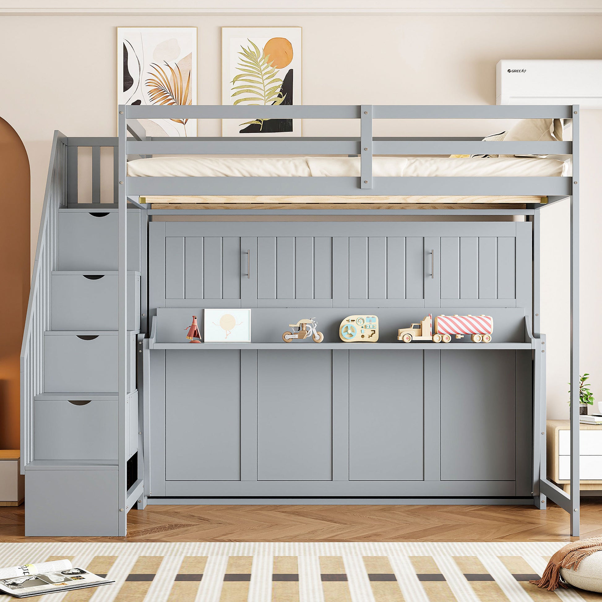 Full Over Full Size Murphy Bed with Hydraulic Lift & Desk Design, Gray
